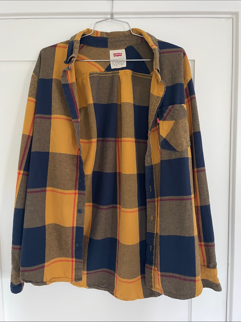 Levi's Men's Navy, Yellow & Brown Plaid Button-Down Shirt - size large